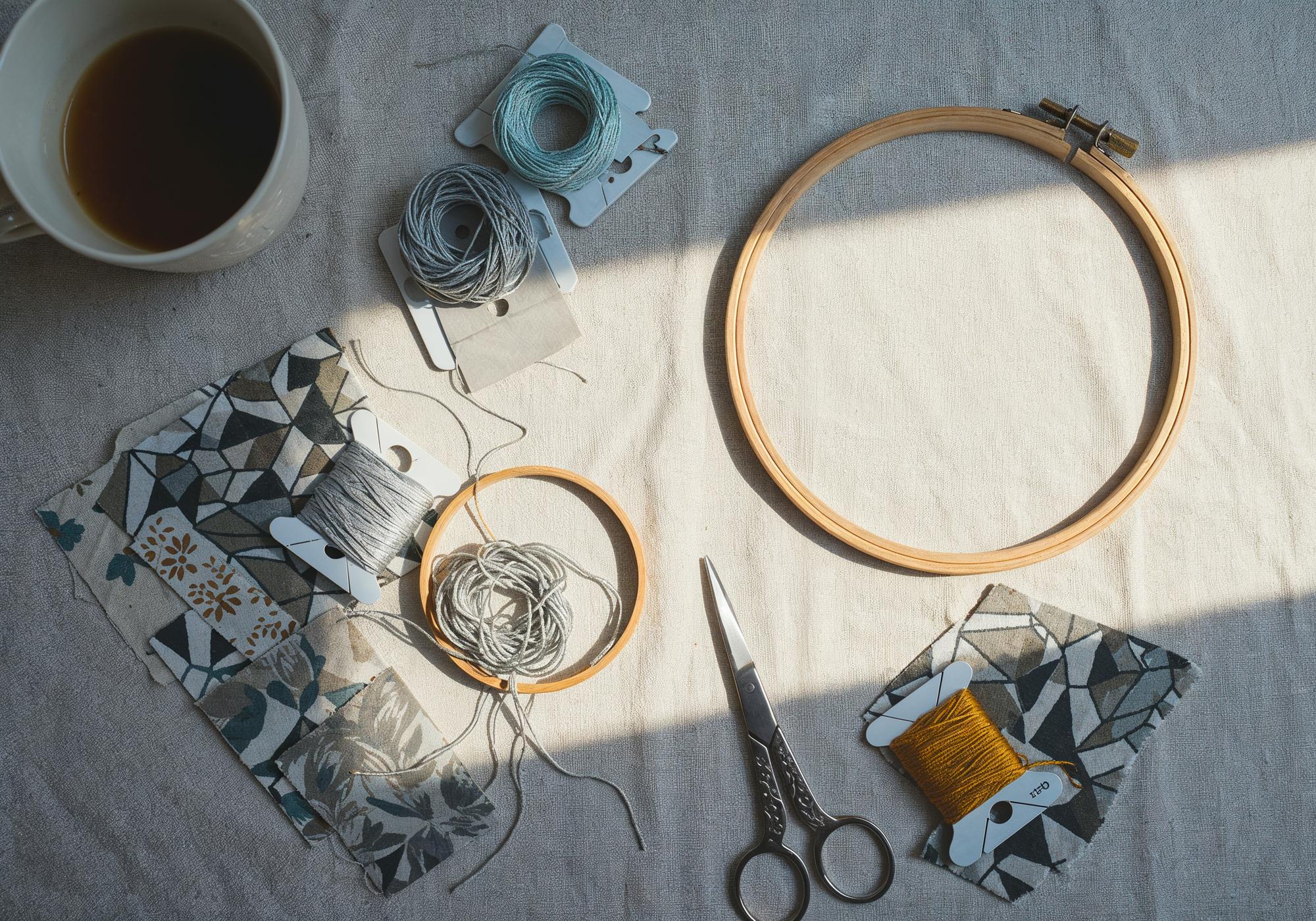 Workshop table with threads, pattern sketches and a hoop